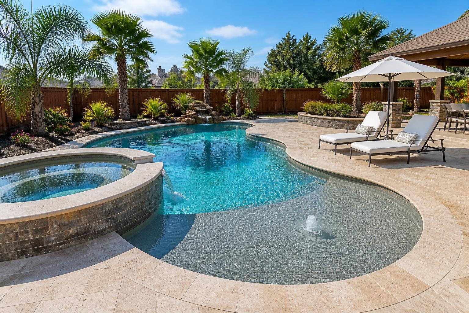 A finished resort style pool rendered in a suburban backyard